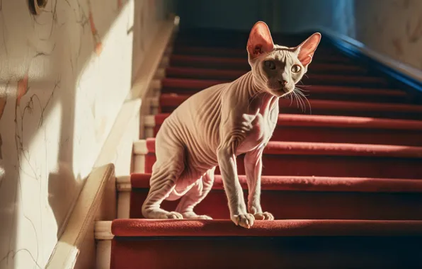 Cat, cat, look, light, pose, house, wall, ladder