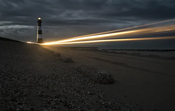 Picture sea, night, lights, lighthouse
