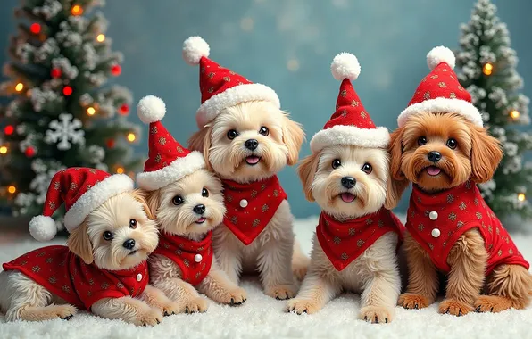 Language, dogs, look, lights, together, puppies, red, Christmas