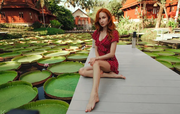 Picture leaves, girl, pose, pond, feet, dress, red, the bridge