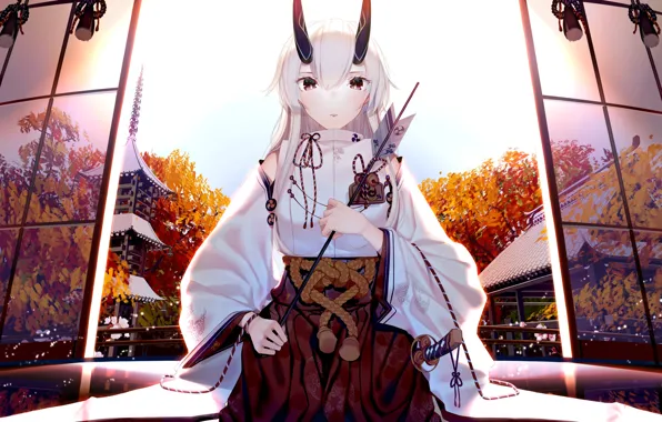 Autumn, girl, trees, fantasy, horns, arrow, Fate / Grand Order, Tomoe Gozen