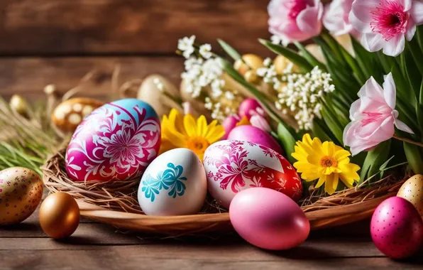 Flowers, eggs, spring, colorful, Easter, happy, flowers, spring