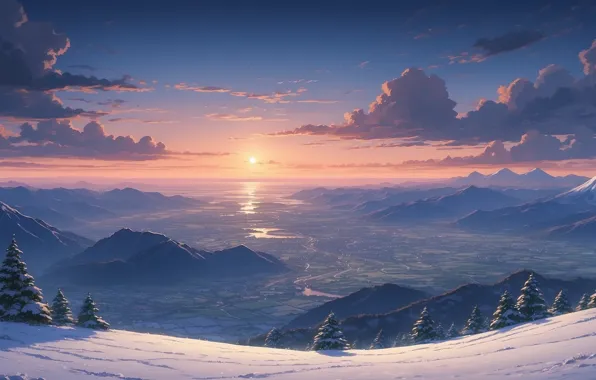 Sky, trees, landscape, nature, sunset, winter, mountains, clouds