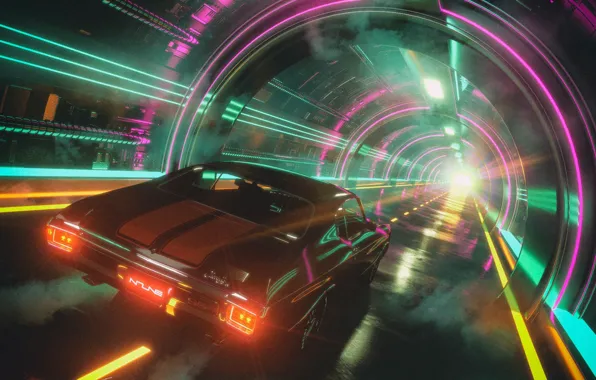 Picture Auto, Chevrolet Chevelle SS, Chevrolet, Machine, The tunnel, 80s, 1970, Neon