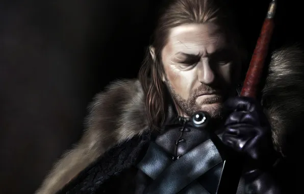 Picture the dark background, sword, art, male, arm, Game of Thrones, Eddard Stark