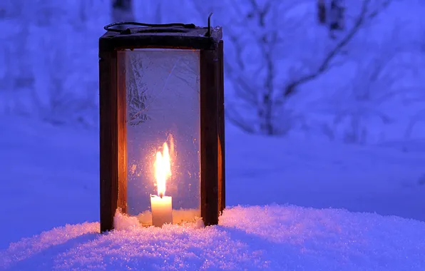 Winter, light, snow, night, candle, lantern, winter, snow
