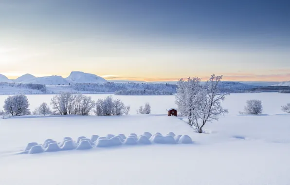 Picture winter, snow, trees, mountains, hut, Norway, panorama, the snow