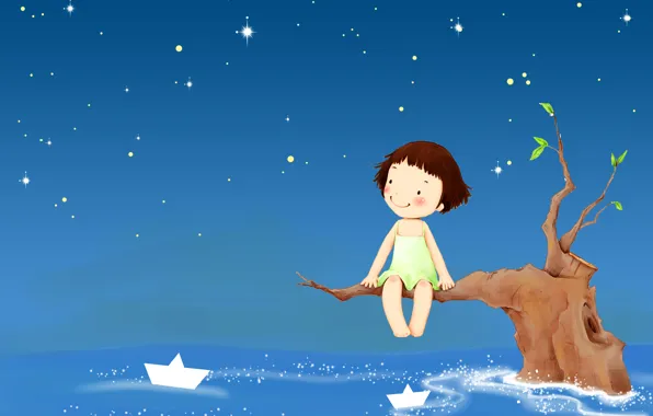 Picture the sky, smile, fantasy, tree, stars, girl, baby Wallpaper, boats