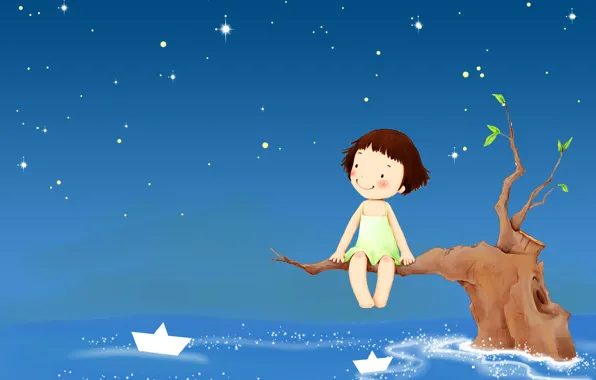 The sky, stars, trees, smile, fantasy, girl, boat, baby Wallpaper