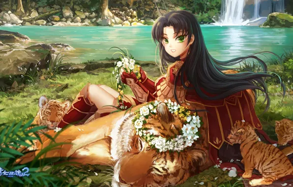 Picture girl, tiger, the game, anime, art, wreath, character, tiger