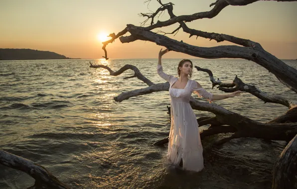 Picture sea, girl, sunset, the situation, dress, snag