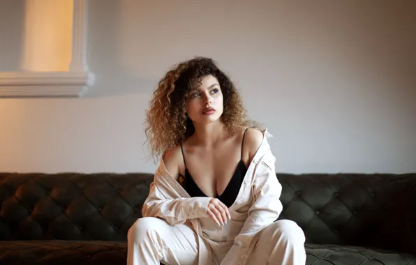 Look, girl, sofa, makeup, costume, blouse, brown hair, bra