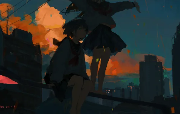 Sunset, the city, girls, lantern, Schoolgirls