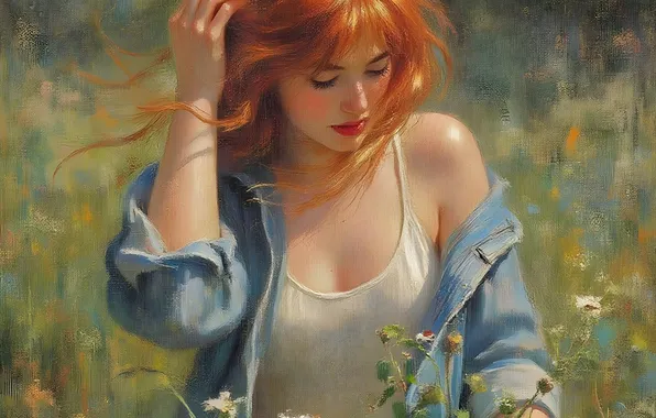 Field, summer, girl, light, flowers, pose, hand, Mike