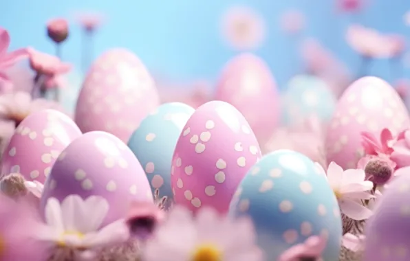 Flowers, holiday, eggs, spring, blue, Easter, pink, bokeh