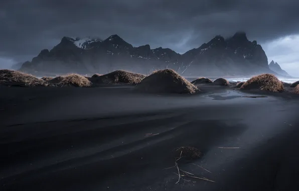 The sky, grass, clouds, mountains, Iceland, Vestrahorn, Stockksness, black sand