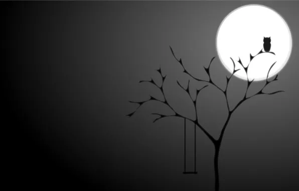 Night, background, tree, owl, the moon, black, minimalism, The full moon
