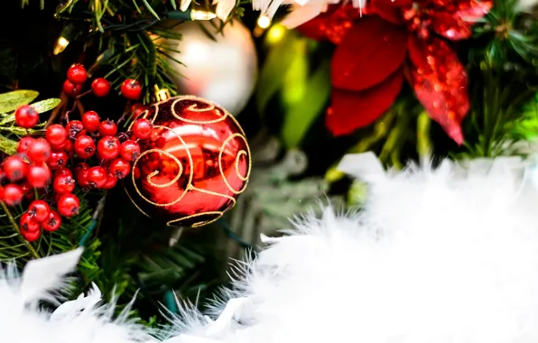 Snow, red, background, holiday, Wallpaper, tree, new year, ball