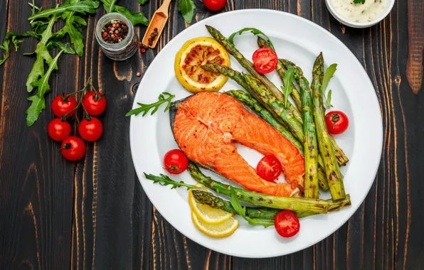 Greens, fish, plate, vegetables, tomatoes, spices