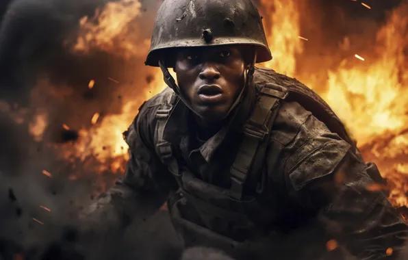 Smoke, Fire, Soldiers, Male, Digital art, Helmet, AI art, The Art of Artificial Intelligence