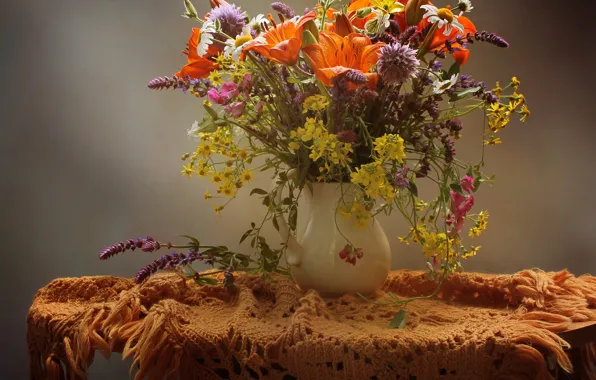 Picture flowers, table, Lily, vase, tablecloth, cornflowers