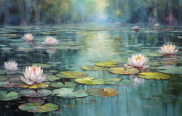 Leaves, flowers, nature, lake, pond, texture, white, painting