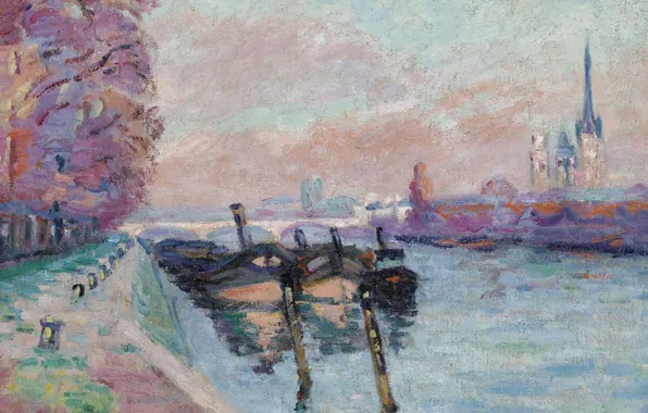 Landscape, river, picture, Cathedral, Arman Hyomin, The Seine at Rouen, Armand Guillaumin, barges