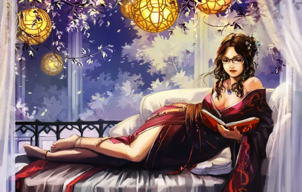 Girl, sofa, art, glasses, lights, book, kimono, lying