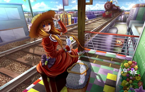 Girl, the city, smoke, train, home, hat, anime, art