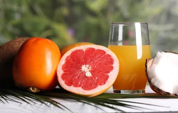 Coconut, juice, fruit, grapefruit, persimmon, orange
