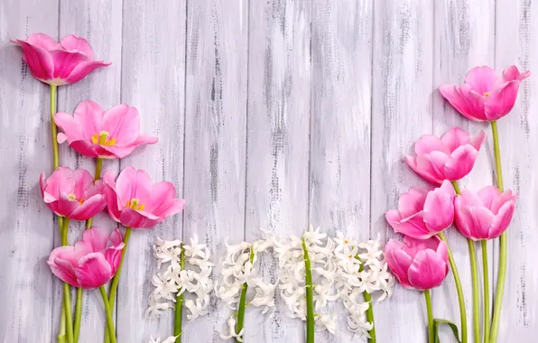 Flowers, tulips, wood, pink, tulips, hyacinths