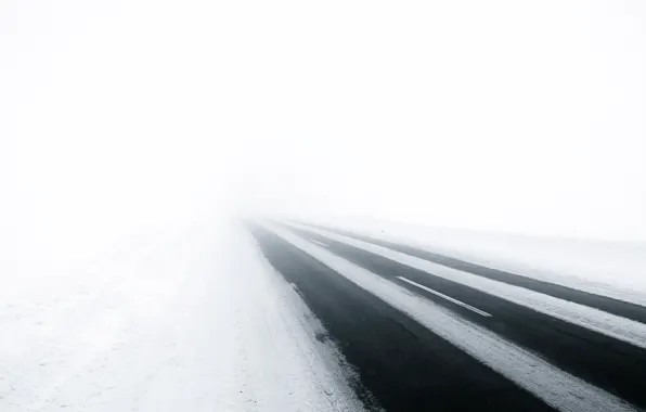 Cold, road, white, asphalt, snow, fog, the way, Abyss
