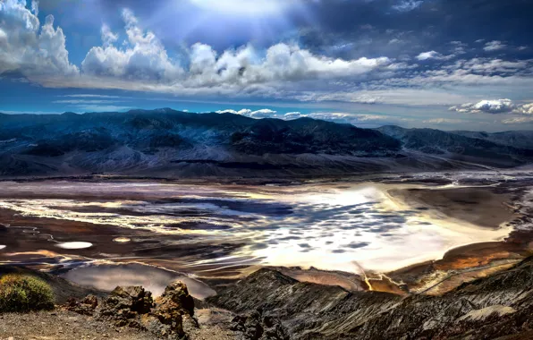 The sky, clouds, rays, landscape, mountains, nature, river, stones