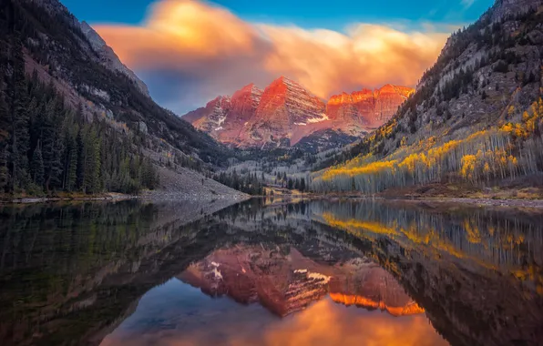 Autumn, forest, clouds, light, mountains, lake, reflection, tops