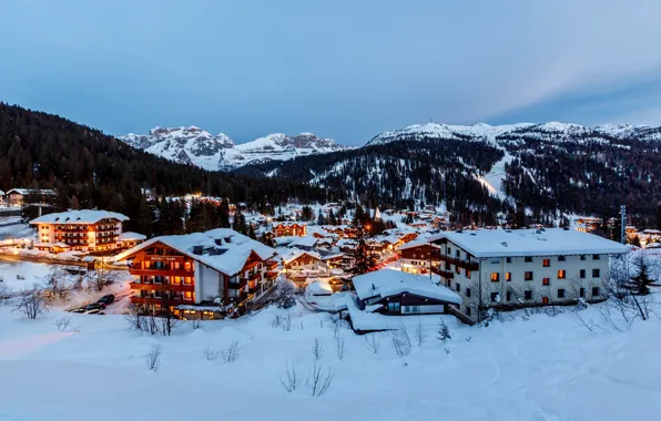 Snow, mountains, the city, building, home, the evening, Alps, Italy