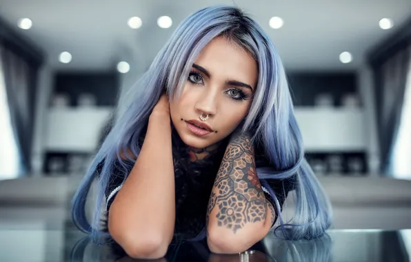 Eyes, model, hair, piercing, tattoo, blue, beautiful, blue