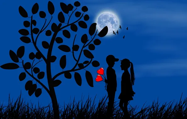 The moon, romance, boy, girl, hearts, silhouettes, date, first love