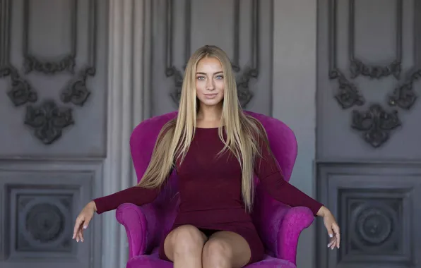 Picture pose, model, chair, makeup, figure, dress, hairstyle, blonde