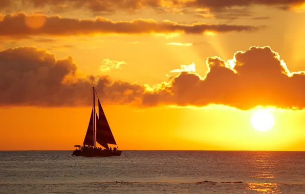 Sea, the sky, the sun, sunset, clouds, boat, ship, the evening