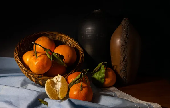 Leaves, light, the dark background, table, towel, oranges, pitcher, fruit