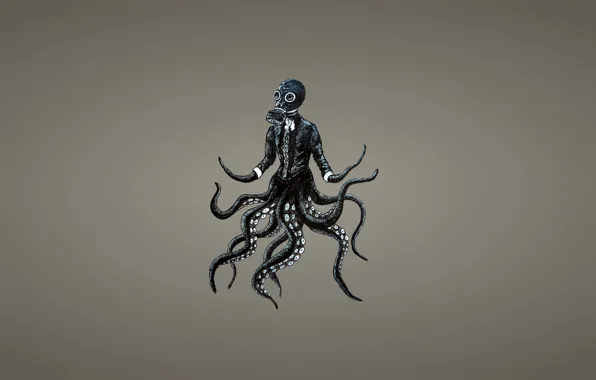 Octopus, tentacles, gas mask, octopus, dark background