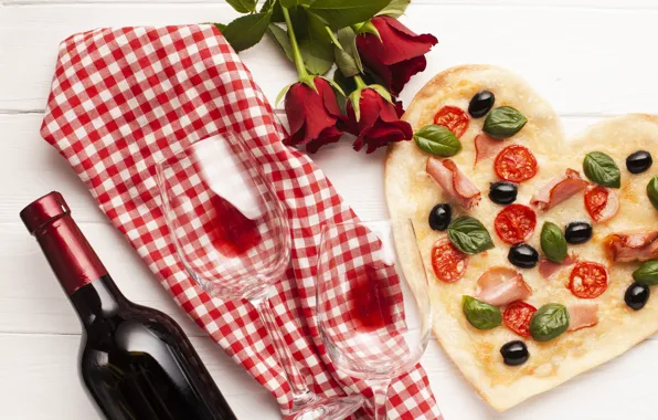 Wine, glass, roses, bouquet, fabric, pizza, pizza, olives