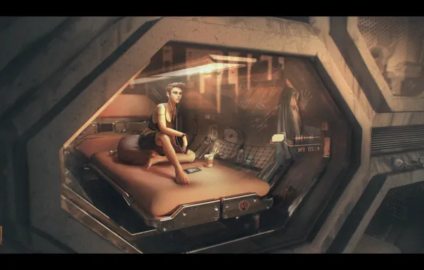 Woman, headphones, compartment, POD life, Lexia in her apartment