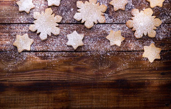 Stars, snowflakes, holiday, Board, cookies, Christmas, New year, powdered sugar