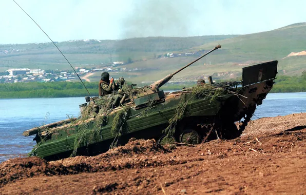 Picture machine, river, shore, combat, BMP-2, infantry, crawler