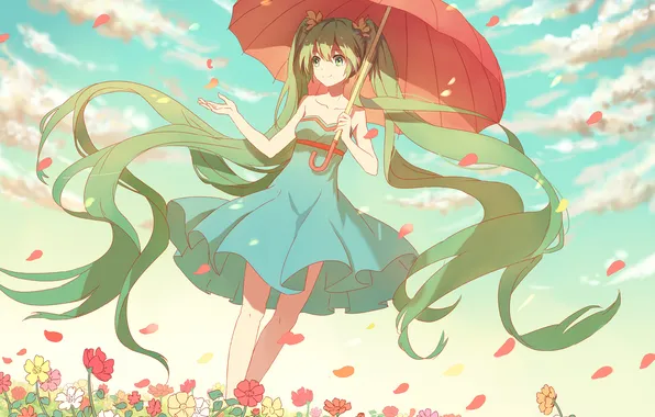 Girl, flowers, umbrella, anime, petals, art, vocaloid, hatsune miku