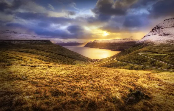Sunset, mountains, the ocean, plain, Denmark, Faroe Islands, Faroe Islands