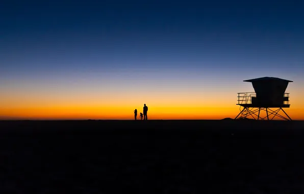 Picture beach, the sky, sunset, people, silhouette, lifeguard post