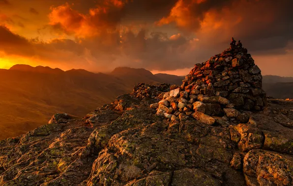 Picture the sky, clouds, sunset, mountains, stones
