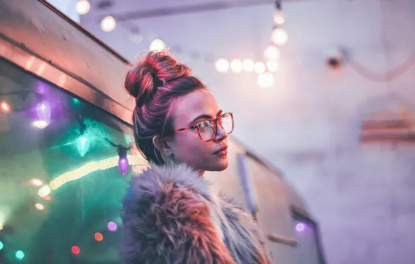 Fur, the reflection, garland, cutie, bokeh, girl with glasses, Brandon Woelfe